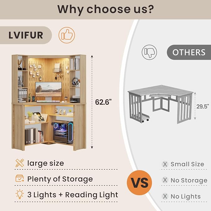 Corner Desk with Shelves-&LED Reading Light,Triangle Home Office Desk w/Charging Station for Work & Study,File Cabinet Storage Bookshelf for Small Space （Natural Wood）