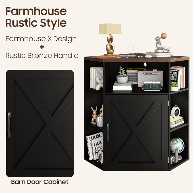 Halitaa Corner Storage Cabinet, Farmhouse Corner Bookshelf with Storage 6-Cubby Wooden Cabinet with USB Ports and Outlets Industrial Organizer for Small Space, Study, Playroom, Black and Brown