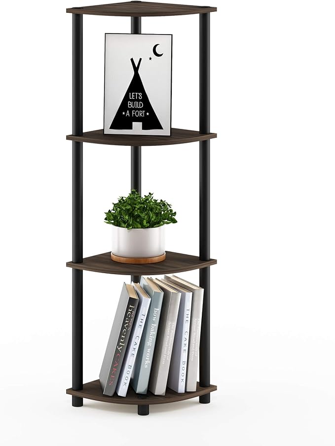 Furinno Turn-N-Tube Toolless Assembly 4-Tier Corner Shelf, Rustic Brown Corner Book Shelf, Open Shelves Bookshelf, for Organization and Storage, Living Room, Home Office, Bedroom, Brown Walnut