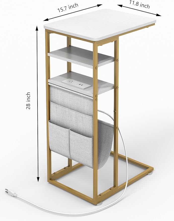 C Shaped End Table with Charging Station, 28"(H) 3-Tier C Table with Storage Bag, Under Couch Table C-Shaped End Table with Storage Shelves and Bag for Living Room, Bedroom, or Office