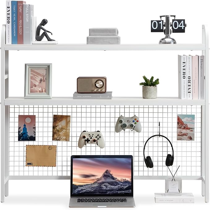 Desktop Hutch Shelf Organizer, 2-Tier Metal & MDF Desk Bookshelf with Grid Panel and Hooks for Office & Dorm (White, 45.3")