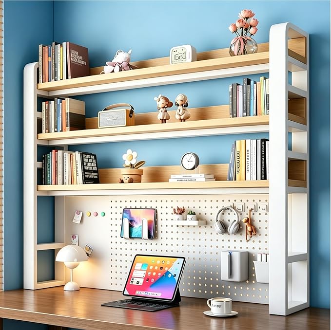 Desk Shelf Organizer with Pegboard & Storage Parts, 45kg Heavy Duty Desk Hutch, Desktop Storage Rack for Office & Home Office Shelves White Shelf/Natural Wood Board (4-Tier) 29.5×10×48.5"