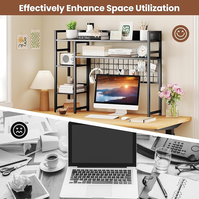 Tangkula Desktop Bookshelf for Computer 32” Monitor, 37" Countertop Storage Hutch with 4 Open Storage Shelves, Grid Panel, Anti-tip Device, 4-Tier Desktop Display Shelves for Home Office