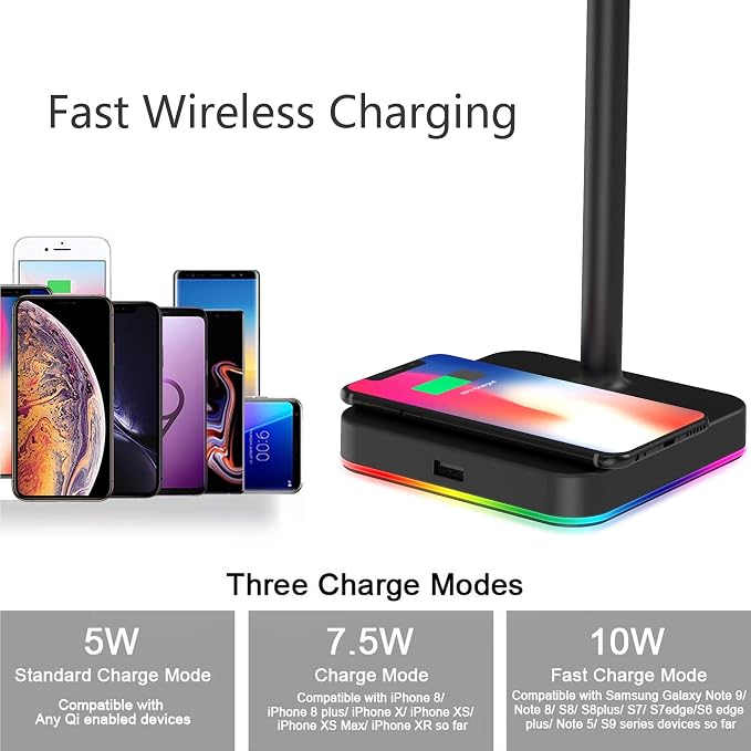 KAFRI RGB Headphone Stand with Wireless Charger Desk Gaming Headset Holder Hanger Rack with 10W/7.5W QI Charging Pad and QC 3.0 USB Port - Suitable for Gamer Desktop Table Game Earphone Accessories