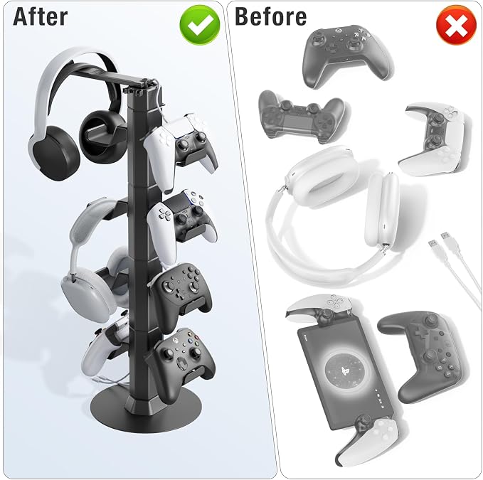 Gaming Controller & Headset Holder Stand for Desk, with Charger Cable Organizer Headphone Stand for PS5/ Xbox/ PS4/ Switch, Metal Base Controller Hook for Storage with 360° Rotatable Hanger- 6 Tiers