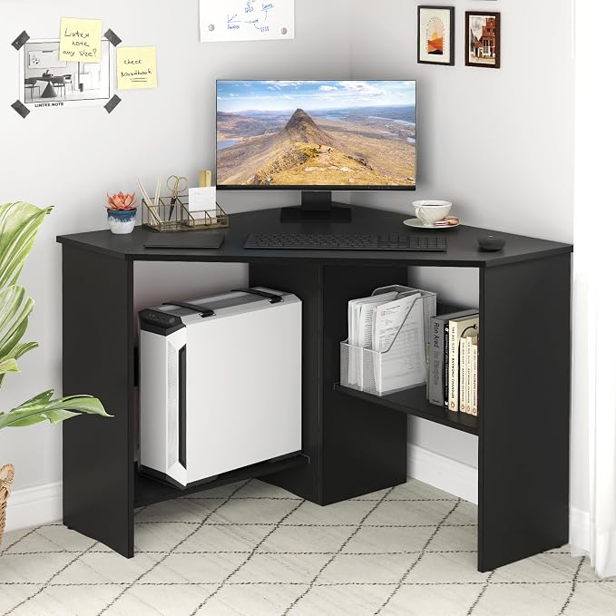 Giantex Corner Desk, Space-Saving Triangle Computer Desk with Storage Shelves & CPU Stand, Modern Makeup Vanity Table for Bedroom, Writing Desk for Small Spaces (Black)