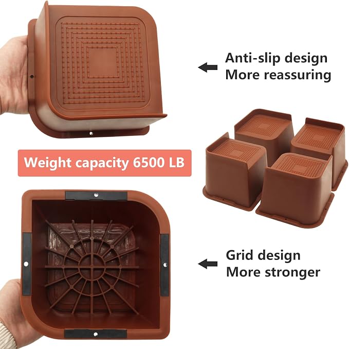 4 Pack Brown Bed Risers 4 inch Heavy Duty, Oversized Furniture Risers, Bed Lifts Risers for Table, Sofa, Chair, Couch, Desk, Bed Frame Risers Supports Up to 6,500 Lbs
