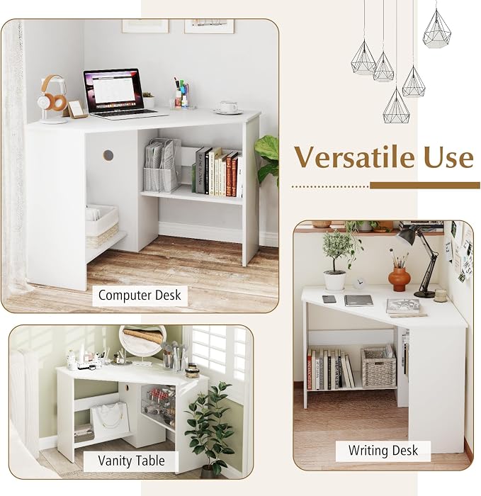 Small Corner Desk, 90 Degree Triangle Computer Workstation with Storage Shelves & CPU Stand, White Corner Vanity for Bedroom, Wooden Table for Small Spaces