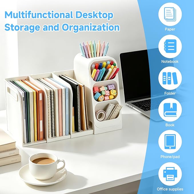 Multifunctional & Retractable Office Desk Organizer and Bookshelf, Small Space Desk Organizer with Magazine File Holder and Pen Holder,Desk Accessories & Workspace Organizers Office Supplies