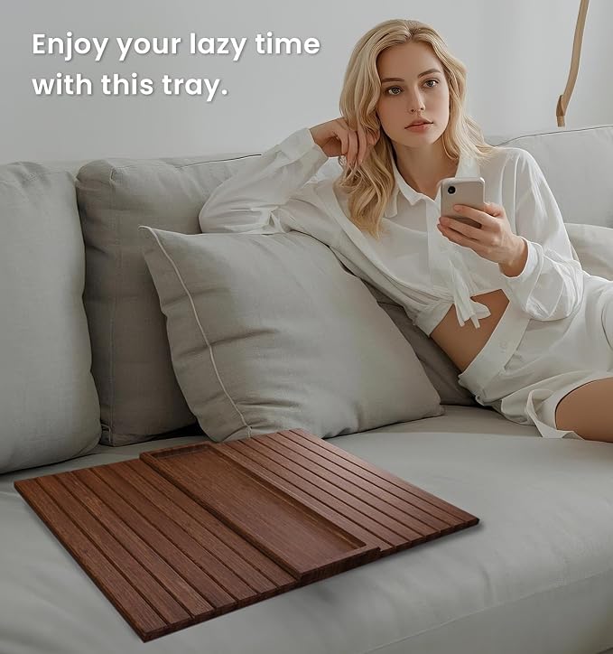Sofa Arm Tray,Bamboo Folding Couch Arm Tray,Sofa Armrest Tray with Anti-Slip Pad for Drinks,Snacks,Phone,Remote Control（Brown）