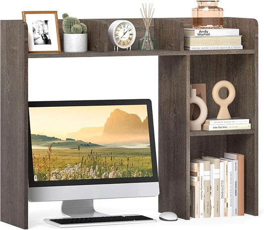 Giantex Desktop Bookshelf, Wood Desk Hutch Organizer for 27 Inch Computer Monitor, Countertop Storage Display Rack with 5 Shelves, Multipurpose Desktop Shelf Bookcase for Dorm Office Home (Grey Oak)