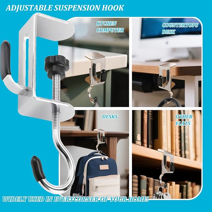 Purse Hook for Table, 6 Pcs Adjustable Stainless Steel Clamp-On Desks Hanger for Office, Home, Dorm, Dining Table, Portable Desk Organizer for Hanging Bags, Backpack, Headphone Storage