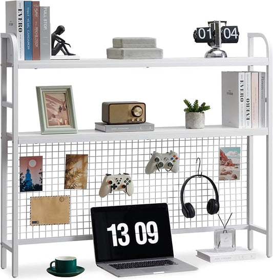 Desktop Hutch Shelf Organizer, 2-Tier Metal & MDF Desk Bookshelf with Grid Panel and Hooks for Office & Dorm (White, 45.3")
