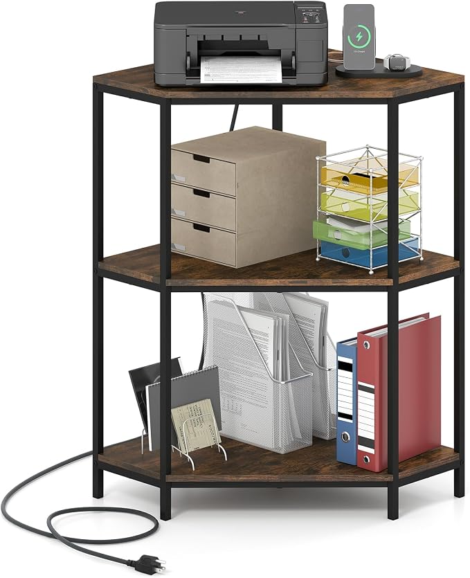 Giantex Corner Printer Stand, 3-Tier Corner Shelf with Charging Station and Metal Frame, Small Industrial Bookshelf, Printer Table for Living Room, Kitchen, Home Office (1)