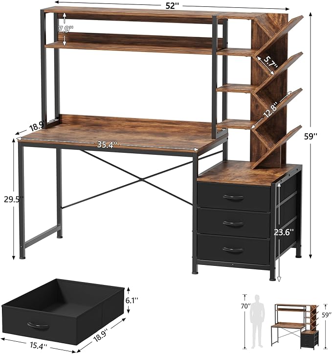 YOMILUVE Reversible Computer Desk with Hutch, Home Office Desk with Drawers and Bookshelf, 52'' Study Writing Desk with Storage Shelves for Bedroom Home Office, Rustic Brown