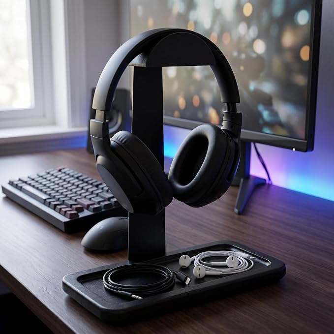 Gift for Men Headphone Stand with Storage Base, Stylish Headset Holder Gamer Gifts for Gaming & Desk to Keep Accessories Organized, Unique Gifts for Teenage Boy Brother on Birthday (Black Wood)