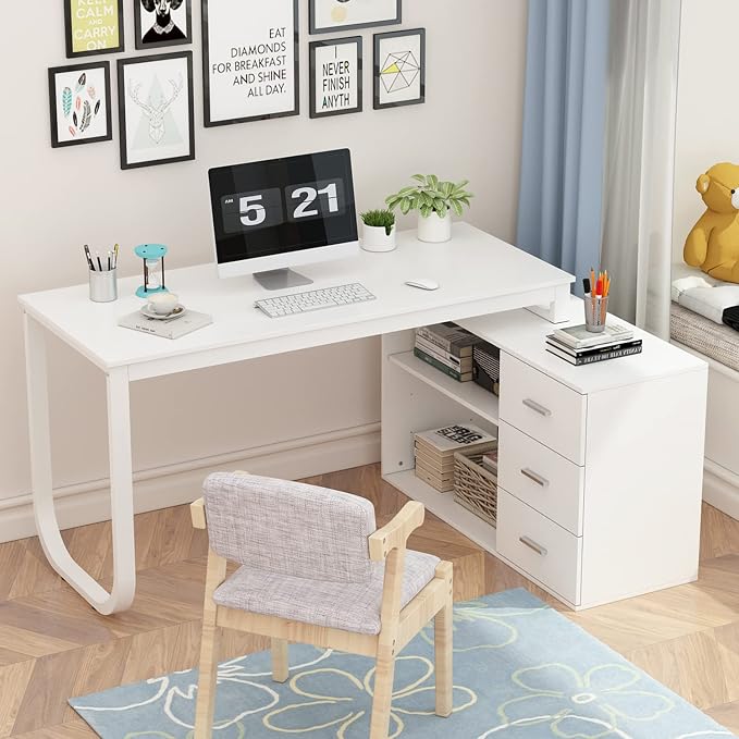 Homsee Home Office Computer Desk Corner Desk with 3 Drawers and 2 Shelves, 54 Inch Large L-Shaped Study Writing Table with Storage Cabinet - White