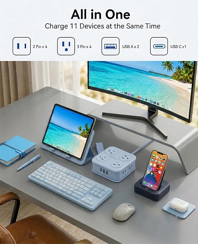 5 Ft Extension Cord with 3 USB Ports, ORICO Power Strip for Desktop, 4 Side Outlet Extender(8 AC) & Flat Plug, 11 in 1 Charging Station for Home/Office/Dorm - AP3 PRO