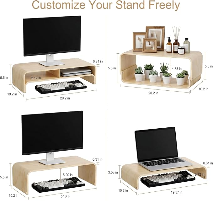 APRTAT Wood Monitor Stand Riser, Solid Woodon Dual Monitor Riser with Storage, 2-Tier Natural Monitor Riser with Storage, Computer Stand Keyboard Organizer