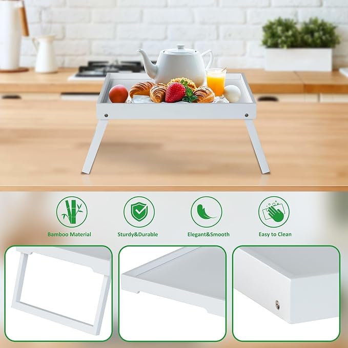 RRX Bamboo Bed Tray Table with Folding Legs, Breakfast Tray, 2 Pack (White) | Bed Trays for Folding Table Eating, Kitchen Serving, Food, Sofa, Snacking or Working, Laptop Desk Dinner, Snack Tray