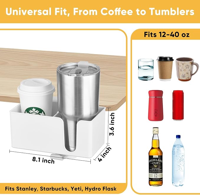 4-in-1 Clip On Desk Cup Holder, Fits up to 40oz cups - Mountable Holder with Adjustable Divider & 360° Rotating Hook - No Spill Clamp On Drink Holder Attachment - for Desk Chair Table Bed Tray - White
