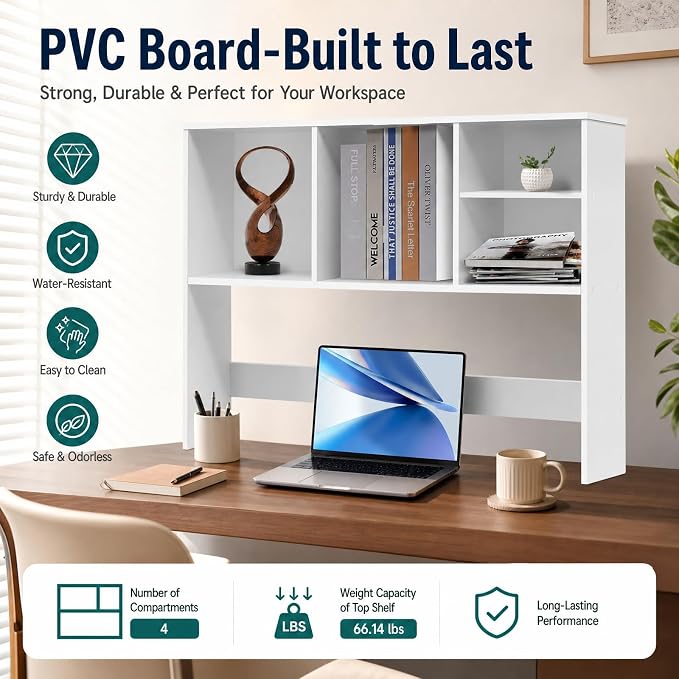 Desk Hutch with 4 Shelves Desktop Bookshelf Multi-Functional Desktop Organizer 2 Tire Desk Storage Shelf for Home Office (White)