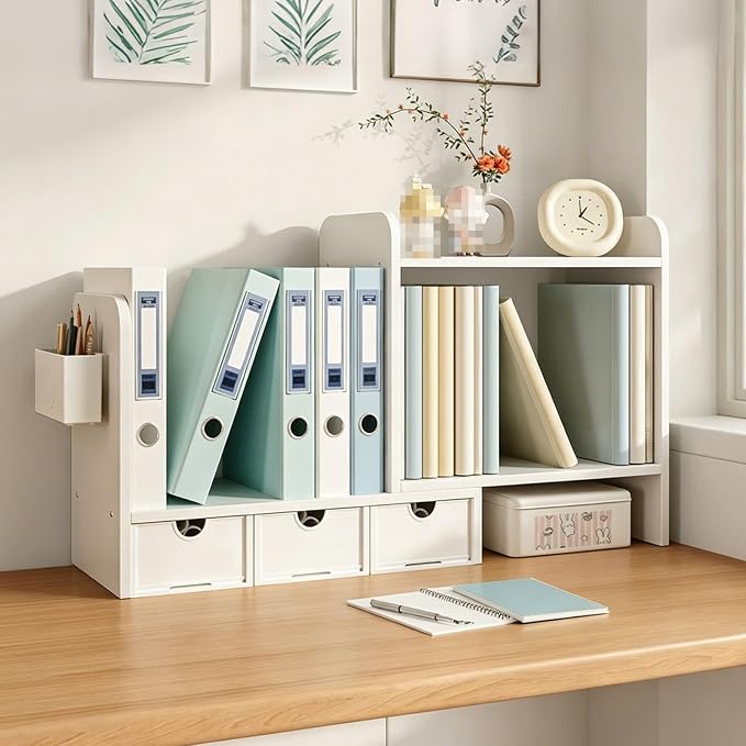 Expandable Desk Hutch Organizer, Desk Storage Rack with Drawers, Corner Desktop Bookshelf Holder for Home Office Workspace Organization