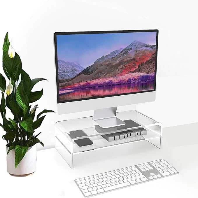 Acrylic Monitor Stand, 16 inch 2 Tier Computer Monitor Stand Riser | Computer Monitor Riser, Compatible with iMac, PC, Desktop, Laptop, TV Screen, Extra Storage Space, Home Office
