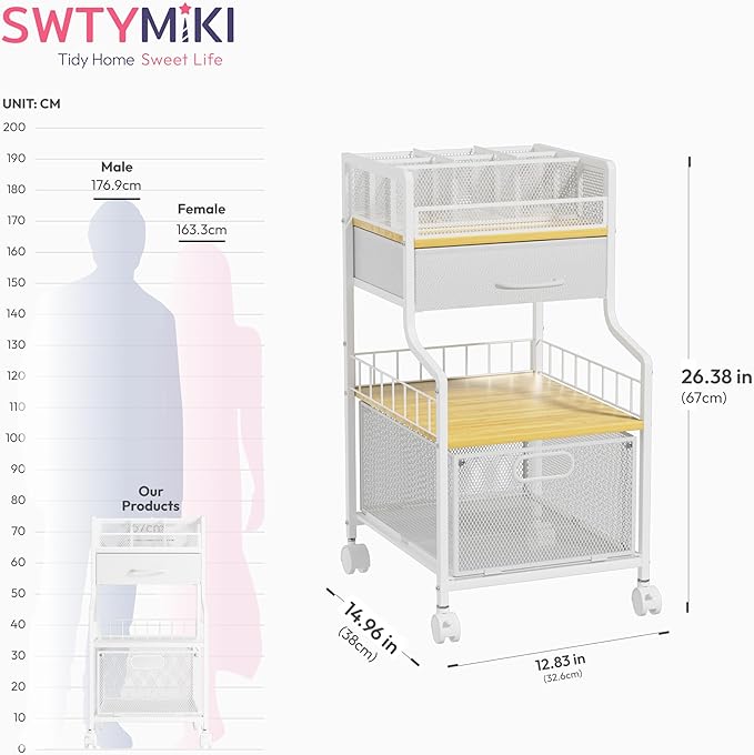 SWTYMIKI Under Desk Storage Cart- Art Storage Cart with Drawers & DIY Divider - Office Cart Organizer Under Desk Shelf, Craft Rolling Cart for Office, Craft Room & Studio White