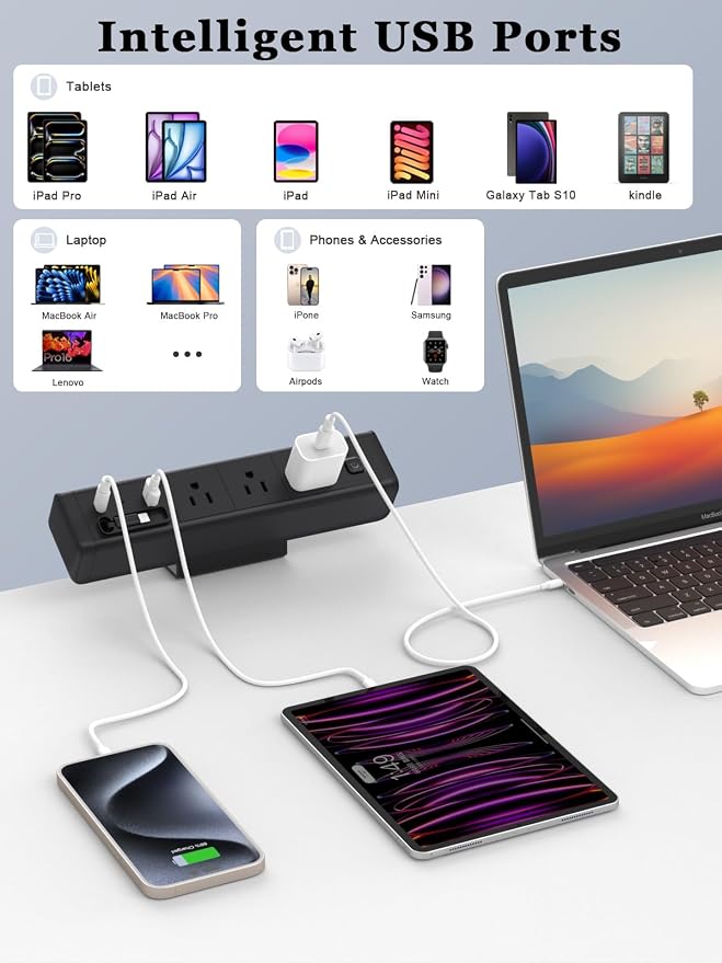 Desk Clamp Power Strip Built-In1 Retractable USB C Cables,Nightstand Charging Station 1 PD20W USB-C&1 USB-A&3 AC,Desk Mount Outlet 6.6 Ft Extension Cord for Conference Rooms, Desktop Accessory.