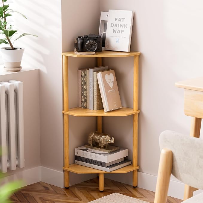 3 Tier Bamboo Corner Shelf, Storage Stand with Adjustable Feet, Small Spaces Corner Bookshelf, Plant Stand, Space-Saving Organizer Shelves, Small Corner Table for Bathroom Kitchen Living Room