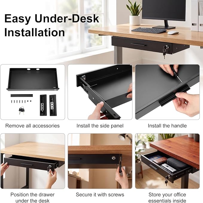 Menkxi 20'' x 9'' Under Desk Drawer Slide Out Storage Organizer, Lockable Metal Desk Drawer for Laptop and Office Accessories, Large Hidden Under Table Storage Box with Cable Management, Black