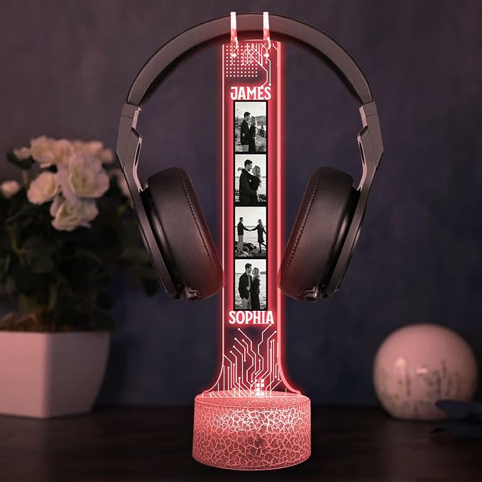 Personalized Headphone Led Night Light, Custom Photo RGB Light Headset Holder, Gift for Couple, Boyfriend Gifts, Headphone Display with Photos, Gamers Room Decor, Valentines Day Gifts
