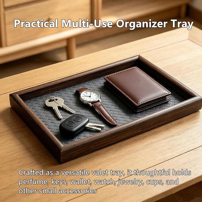 Wooden Valet Tray Valet Desk Organizer Tray with Leather Base Wooden Jewelry Tray, Nightstand Trays Holder for Wallets, Keys, Watches, Daily Necessities, Catch All Trays