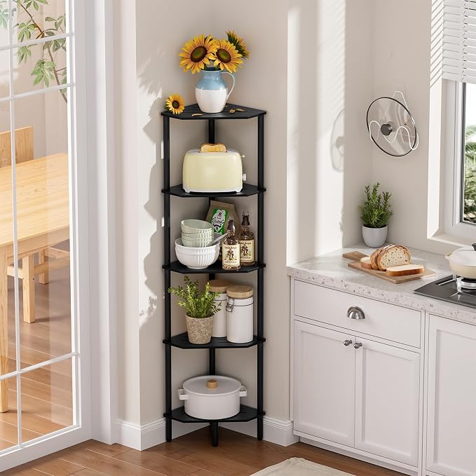 5-Tier Black Corner Shelf, Bamboo Corner Bookshelf, Indoor Plant Shelf, Kitchen Free Standing Shelf Storage Organizer, Tall Narrow Bookcase for Small Spaces, Bedroom, Living Room, Office