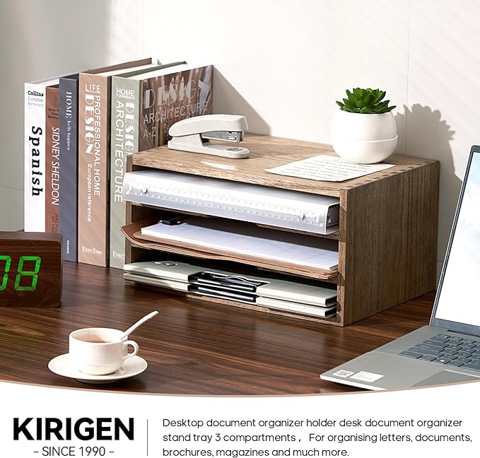 KIRIGEN Wooden Desktop Organizer, 3 Tier Solid Wood Letter Tray and Paper File Sorter for Desk, Freestanding Office Document Holder for Mail, Magazines, Folders, 13.78 x 9.45 x 7.08 in Brown 3KWJG-DBR