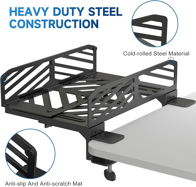 Suptek Clamp-on Desk Extender PC Desk Mount Holder,Standard and Large Gaming Computer Case Stand, Adjustable Width PC Mount, Black