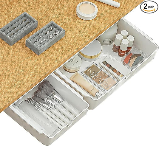 Under Desk Drawer, 2 Pack Large and Medium Hidden Self-Adhesive Under Desk Organisers for Storage of Cutlery, Office Supplies, Stationery and Cosmetics (White-2)