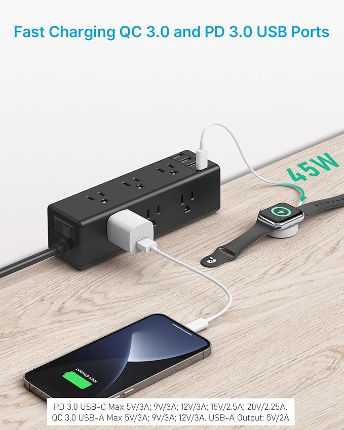 CCCEI Desk Clamp Power Strip with 9 Outlets, Desktop Edge Mount Surge Protector with USB-A and 45W USB-C Ports, Widely Spaced Desk Outlet Fast Charging Station, 6 FT Flat Plug, Fit 1.6 inch Table.