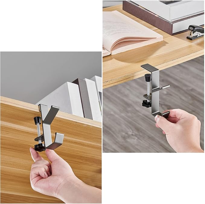 2 Pcs Adjustable Table Clamp Hooks Aluminum Alloy Under Desk Holder Desk Side Mount Hook for Headphones Bags Hats Keys Vacuum Cup (Gray)