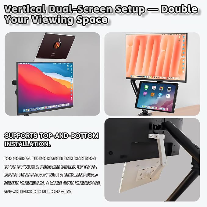 3D-Printed Portable Monitor Extension Arm, Side/Top Mount for Tablets, Phones & 7–18" Portable Screens, VESA 75x75 Compatible (White, About)