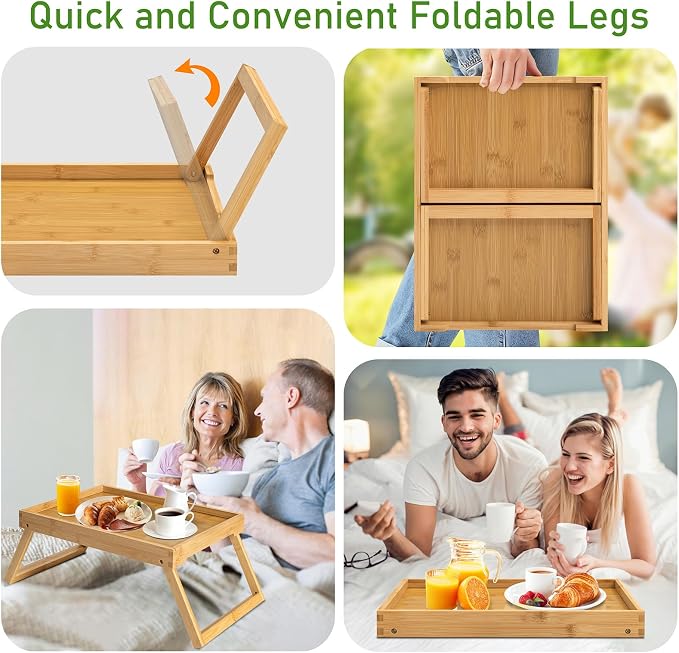 Bamboo Bed Tray Table with Foldable Legs, Breakfast Tray, (Beige) | Laptop Desk with Folding Legs for Bed or Sofa,Food,Dinner, Serving,TV Table,Kitchen,Eating,Working