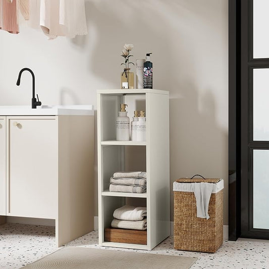 IRONMIX Metal 3 Cube Storage Organizer, Short White Bookshelf with Storage Cabinet, Narrow Nightstand, Modern Cube Storage Shelf Slim Bedside Table for Small Places, Living Room, 15 min Assembly