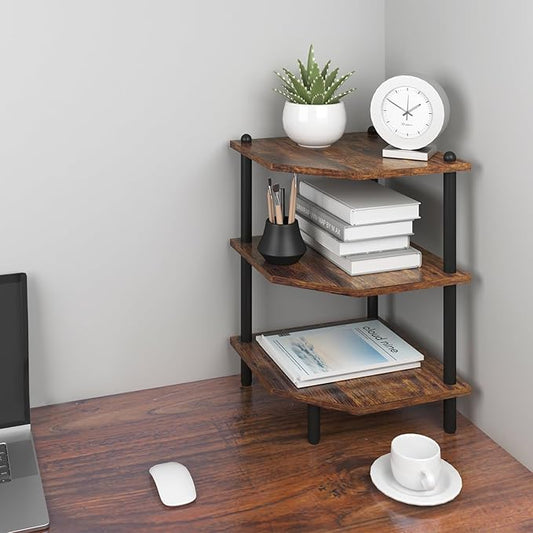 Corner Shelf Stand for Desk - 90° Corner Design to Free Up Desktop | Easy to Assemble 3-Tier Vertical Storage 15 lb Per Shelf 6.7 in Clearance for Books Coffee Mugs Supplies on Office Desks