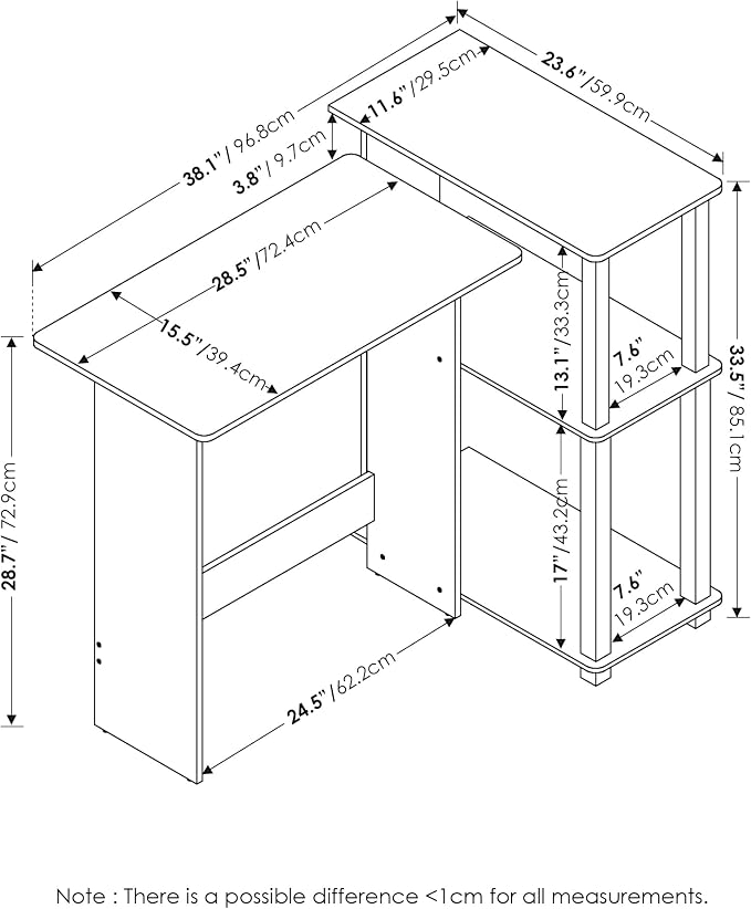Furinno Abbott Desk, 38.1 Wide L-Shaped Gaming Desk with 3-Tier Bookshelf, Corner Computer Desk, Office Desk for Home Office, Bedroom, Dark Espresso