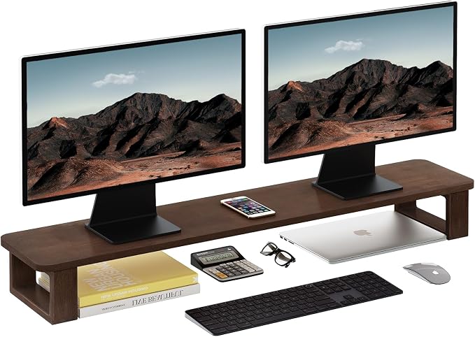 Ufine Dual Monitor Stand Riser 2 Heights Adjustable Wood Computer Monitor Stand Desktop Organizer, Large Monitor Stand for 2 Monitors, Laptop, TV, Printer