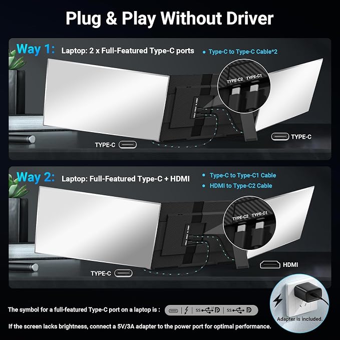 15.6" Laptop Screen Extender, 1080P FHD Triple Portable Monitor for Laptops, Ultra-Slim Travel Dual Monitor Fit for 12"-17.3" Laptops, USB-C Plug&Play Extended Screen Compatible with Win/Mac/Android