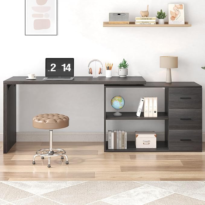 HSH L Shaped Computer Desk with Drawers, L Shaped Desk with Storage Cabinet Shelves, Large Reversible Corner Executive Home Office Desk, Industrial Wood Work Writing Study Table Workstation,Gray 60 In