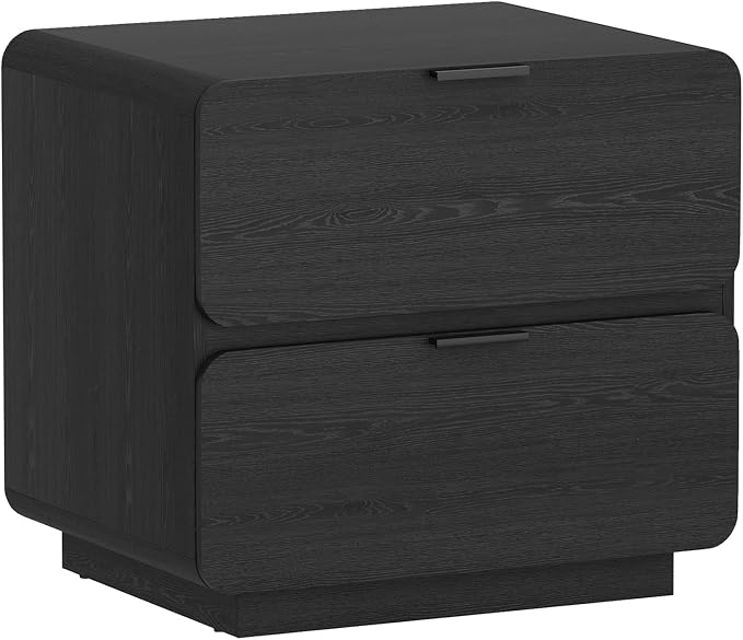 Manhattan Comfort Chrystie Fluted Nightstand 26" Bedside Table with 2 Full Extension Drawers, Rounded Corners, Wood Grain Finish, and Metal Handle Side End Table for Bedroom or Living Room in Black