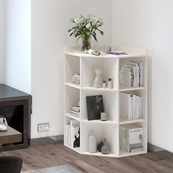 HedoAjim Corner Cabinet, Corner Storage Shelf with USB Ports and Outlets Industrial Organizer for Small Space Wooden 9-Cubby Bookshelf for Study, Playroom, Living Room (White)
